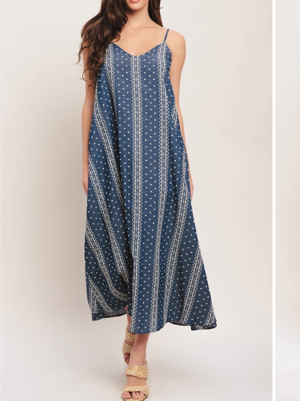 Flying Tomato Blue Polka Dot & Stripe V‑Neck Maxi Dress